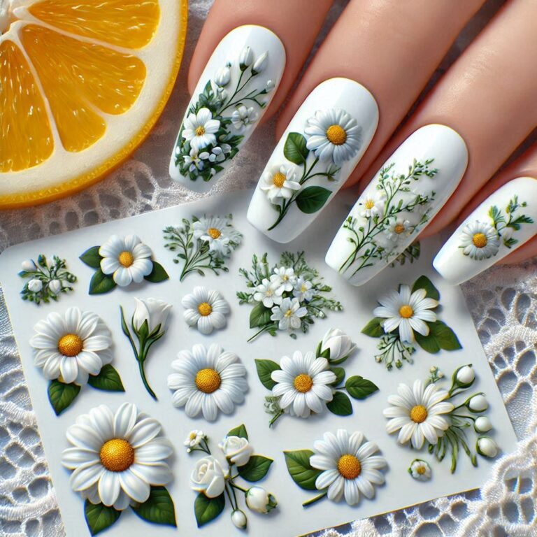 3D Nail Art Stickers Spring Summer White Daisy Florals Flowers Leaves Fruits Decals For Nails Decoration Manicure Salon Beauty