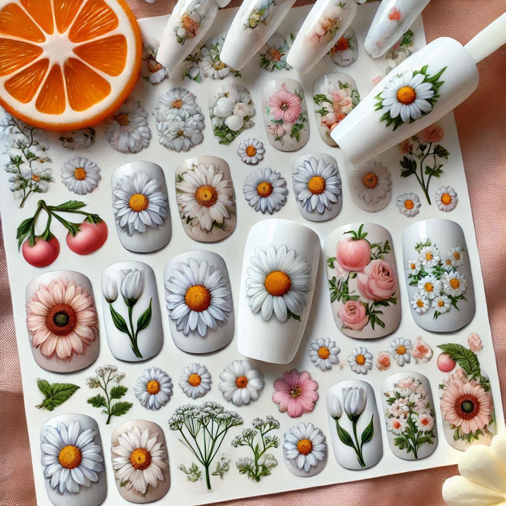 3d Nail Art Stickers Spring Summer White Daisy Florals Flowers Leaves Fruits Decals For Nails Decoration Manicure Salon Beauty 2