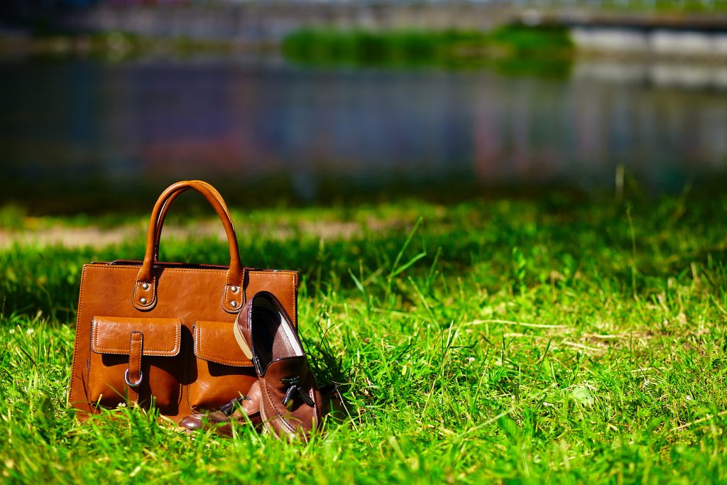 retro brown shoes man leather bag bright colorful summer grass park